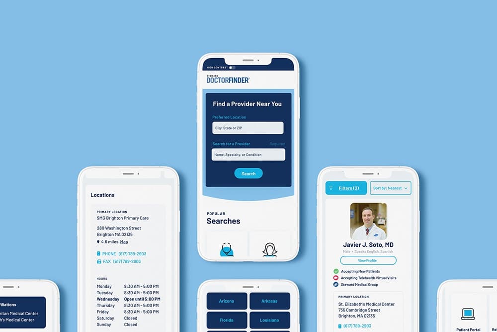User interface design for a medical app, featuring navigation menus,