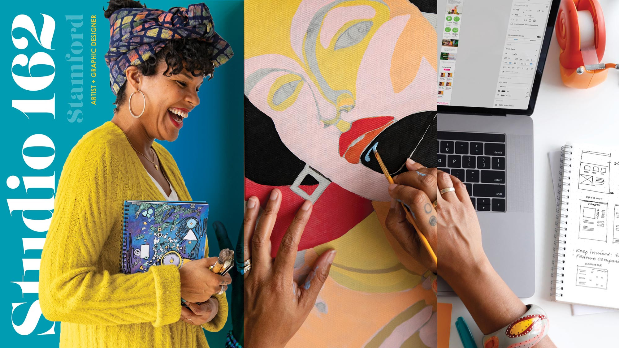 A woman focused on creating a drawing on her laptop