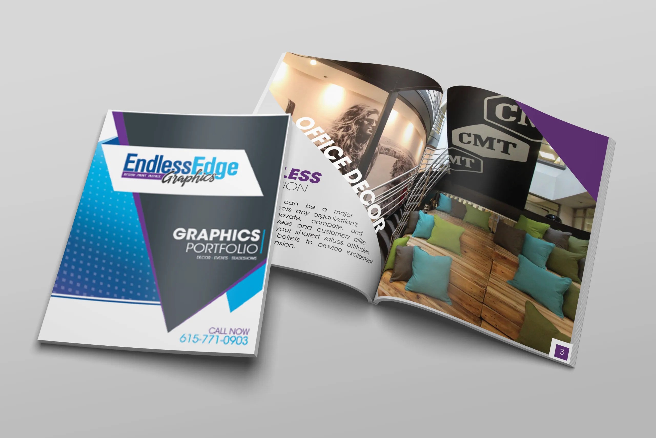 A brochure with a vibrant blue and purple design