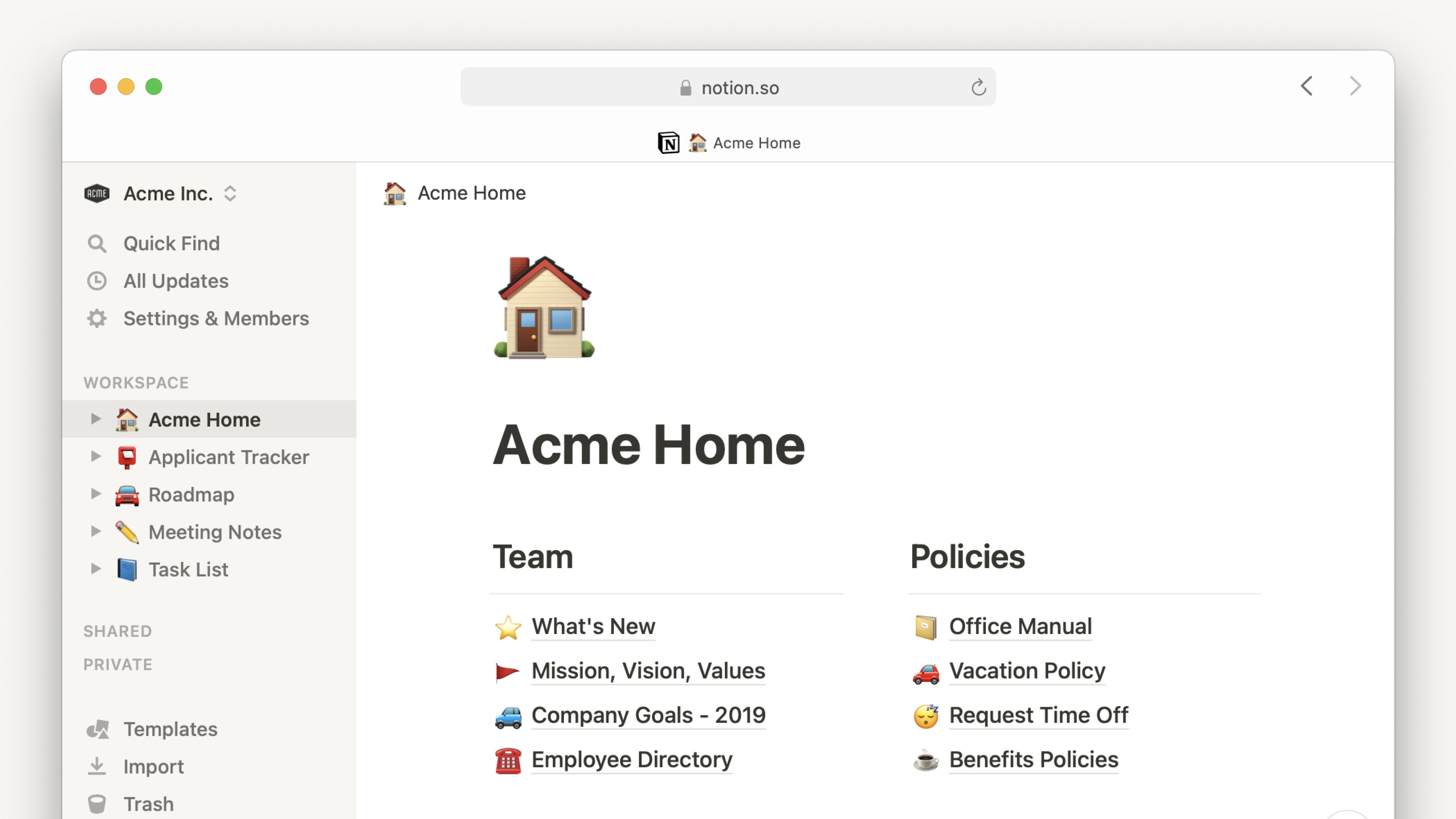 Screenshot of the Acme home page showing the main navigation