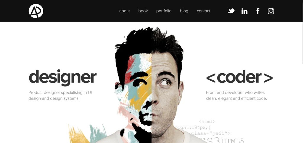 Website design featuring a man's face displayed on the homepage layout