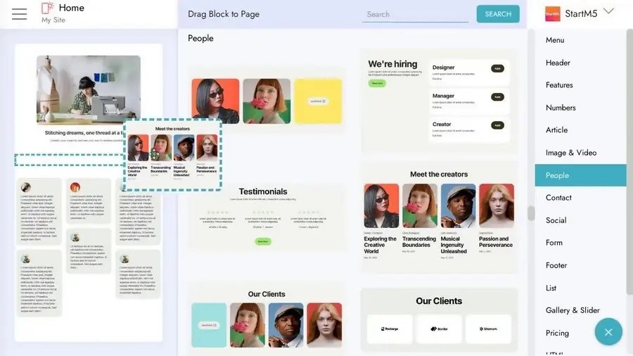 Screenshot of a website builder interface with design tools